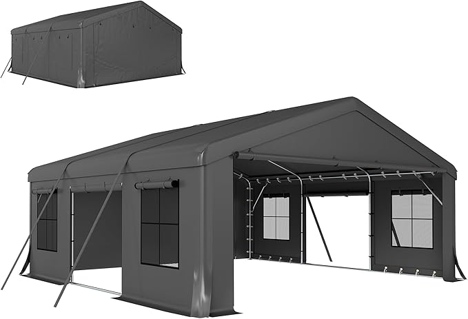 Outsunny 20' x 20' Heavy Duty Carport, Portable Garage Car Canopy Tent with Reinforced Galvanized Frame, 3 Roll-up Doors, 4 Mesh Windows for Cars, Trucks, Boats, Motorcycle, Bike, Dark Gray
