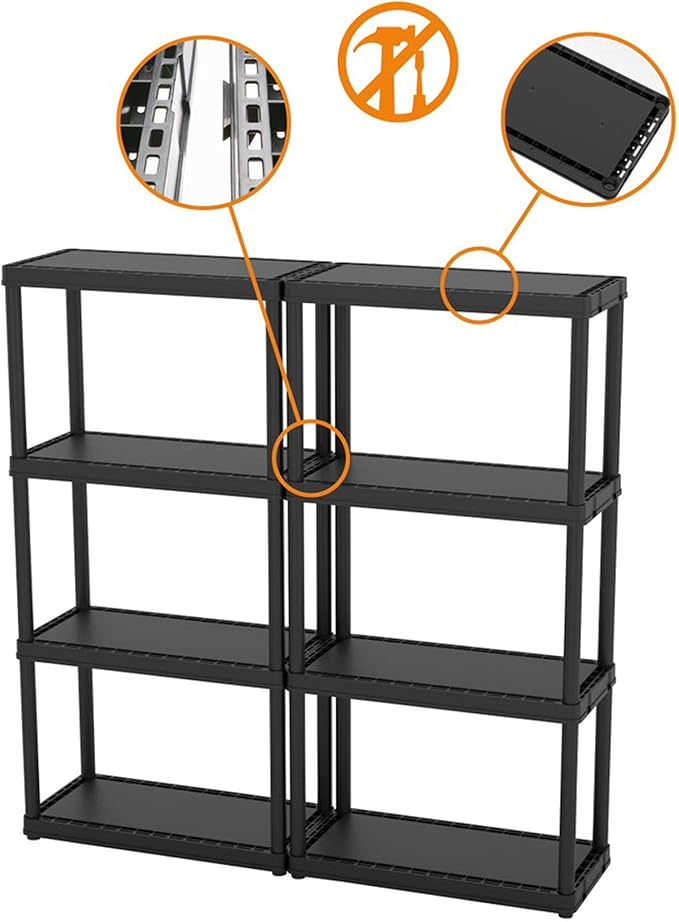 Gracious Living 4 Shelf Fixed Height Solid Light Duty Storage Unit 12 x 24 x 48" for Home, Garage, Basement, & Laundry, Black (4 Pack)
