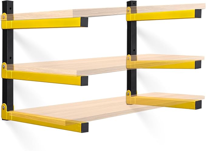 Wood Organizer Lumber Storage Rack Wall Mount - Heavy Duty Metal Cantilever Shelves With 3-Level Holds Up 600 Lbs,Indoor & Outdoor Wood Storage Racks For Garage Woodshops Workshops -2 Pack ,Yellow