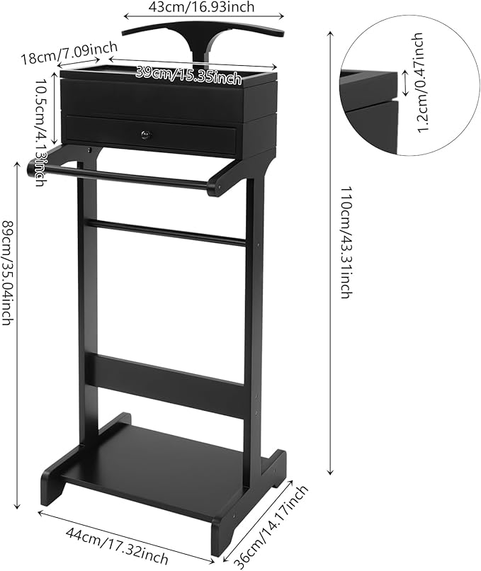Bathrena Suit Valet Stand for Bedroom, Hotel Valet Clothes Rack Organizer with Hanger & Shoe Rack, Wooden Garment Valet Stand for Suits, Pants, Ties, Belts, Black.