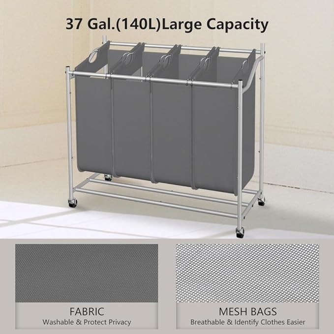 LUCKUP Laundry Sorter 4 Sections with Hanging Bar, 4 Bags Laundry Hamper Rolling Laundry Basket Cart with Lockable Wheels for Laundry Room Bathroom Bedroom, Dark Grey