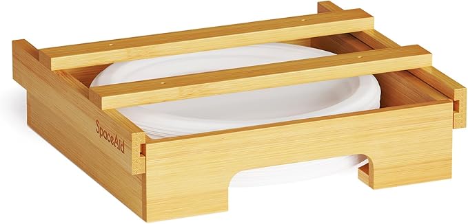 SpaceAid 10-inch Paper Plate Dispenser (Need 11.3 Inches Deep Cabinet Space) Under Cabinet Bamboo Plates Holder, Kitchen Vertical Dipensers Caddy, Bamboo