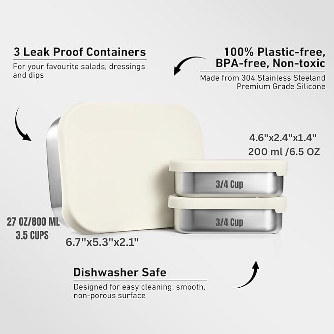 Leak Proof Stainless Steel Lunch Box Containers, 27 OZ , Stainless Steel Bento Box , Metal Lunch Box, Sandwich & Snack Containers , SIlicone Lids , Korean Style,Small Vanilla ( 1 x 27oz + 2 x 6.5 OZ )