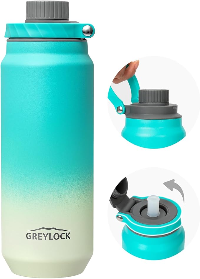 Greylock 20 oz Insulated Water Bottle with Straw Lid, Reusable Stainless Steel Sports Water Bottles with Foldable Handle, Leak Proof, Double-Wall Vacuum Insulation, 24 Hours Cold (Mint)