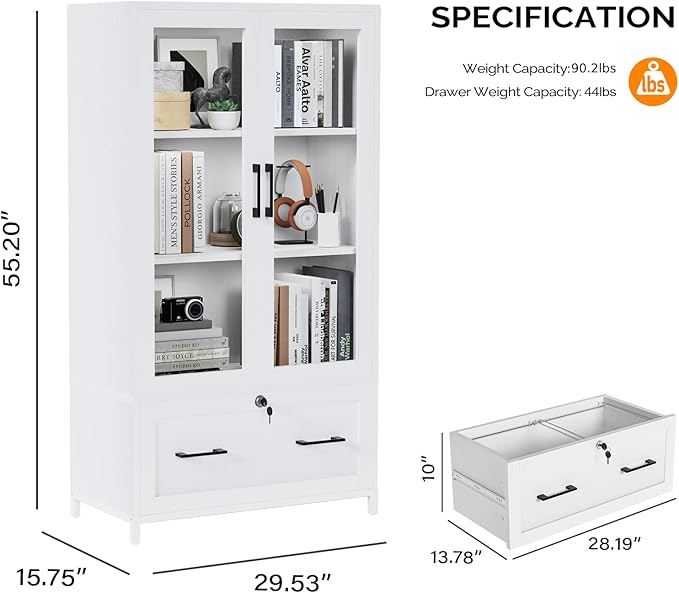 VINGLI Lateral File Cabinet with Glass Doors and Locking Drawer for Hanging File Folders, Bookshelf with Adjustable Shelves for Home Office (White, 30''W x 16''D x 55''H)