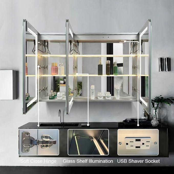 High-End Led Medicine Cabinet,Lighted Medicine Cabinet,3 Colors&Dimmable,Demister,Lighted Glass Shelf,USB Shaver Socket.Surface Mount or Recess Mount,48×32inch