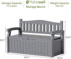 Patiowell 75 Gallon Plastic Storage Bench, Water-Resistant Deck Box for Patio Furniture, Garden Tools, Pool Storage and Outdoor Cushions, Grey