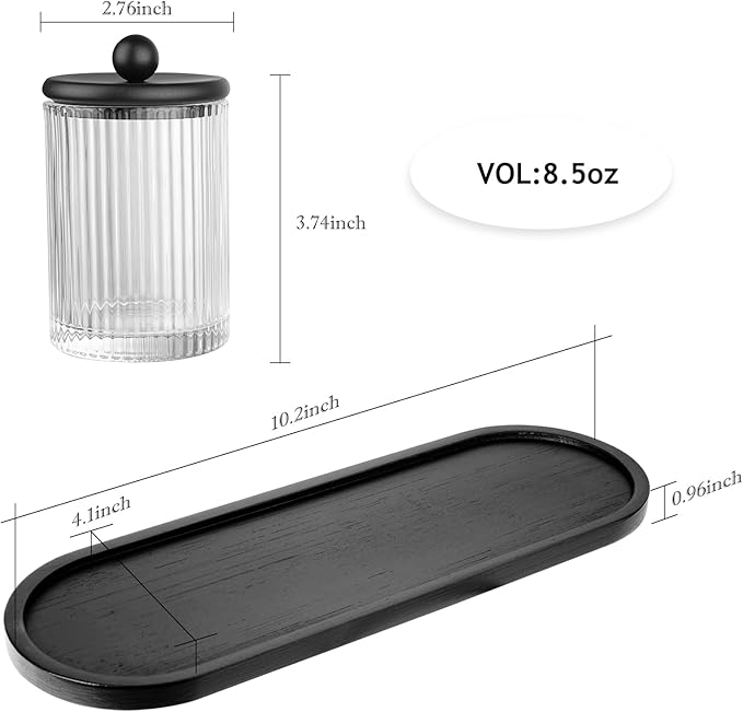 SheeChung 3-Pack Matte Black Glass Apothecary Jars with Bamboo Tray - Modern Industrial Bathroom Organizer Set for Cotton Rounds, Swabs & Flossers - Minimalist Vanity Storage Canister