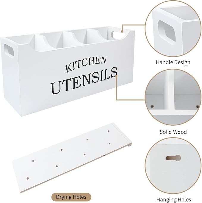 Kitchen Utensil Holder with Drainage Bottom, Extra Large 4 Compartments Solid Real Wood Utensil Organizer for Kitchen Counter, Farmhouse Cooking Tools Storage for Countertop, White