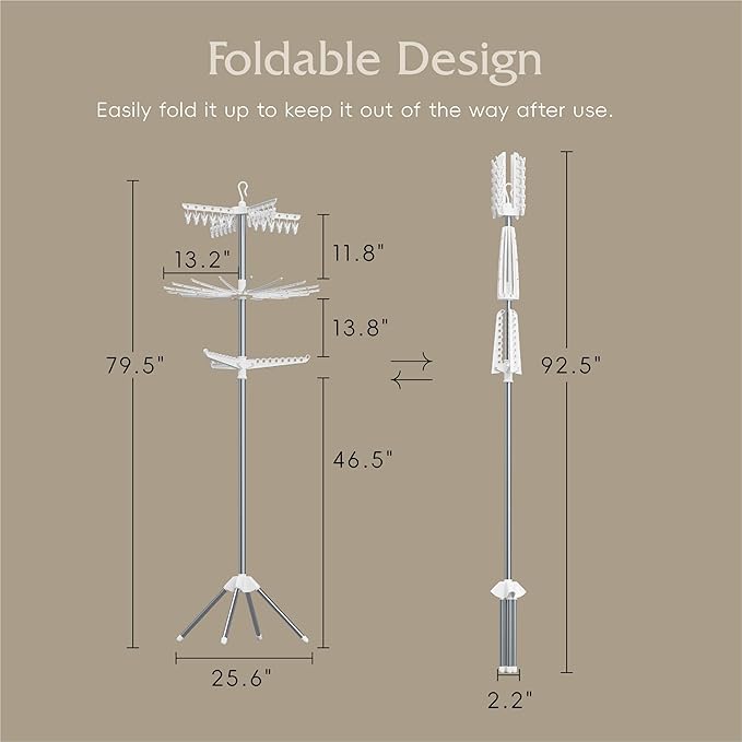 Beaudaily Clothes Drying Rack, Foldable 79.5-Inch Laundry Drying Rack,3 Tie, with Rotatable Arms, Stainless Steel, Holds 27 Clothes,8 Towels and 24 Clips for Hanging Socks, White and Silver