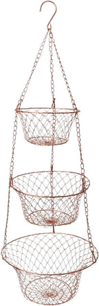 Hanging Fruit Basket – 3 Tier Hanging Baskets for Kitchen – Heavy Duty Wire Fruit and Vegetable Basket with Hooks, Copper Finish 32 Inches Kitchen Organizer, Storage Rack, Durable Iron