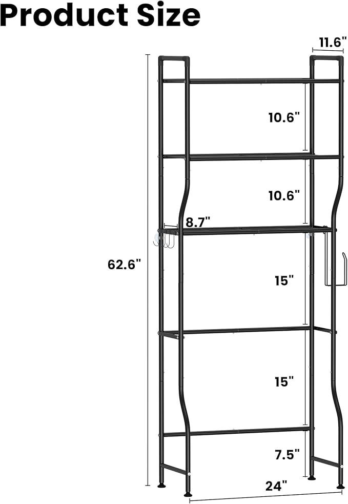 Over The Toilet Storage, 3-Tier Heavy Duty Metal Bathroom Organizer and Storage Rack, Space-Saving Above Toilet Cabinet Shelf with Paper Holder & 4 Hooks, Black