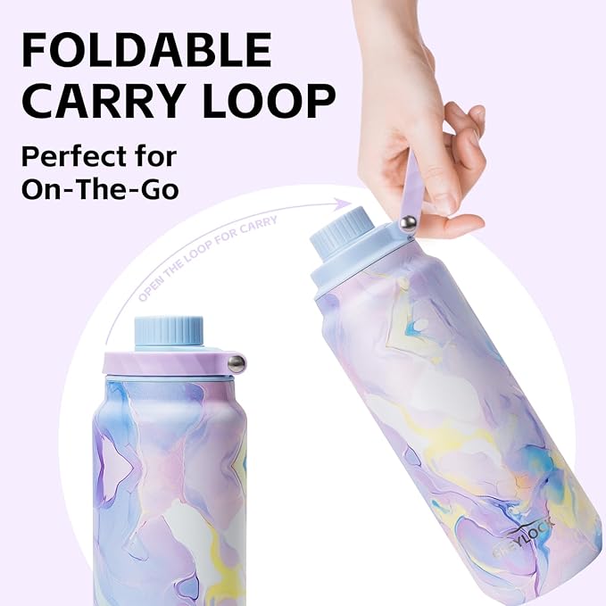 GREYLOCK 40 oz Insulated Water Bottle with Straw Lid, Leakproof Reusable Stainless Steel Vacuum Flask, 24hr Cold & Hot, Carry Handle & Silicone Spout, BPA-Free for Gym, Hiking, Travel,Purple