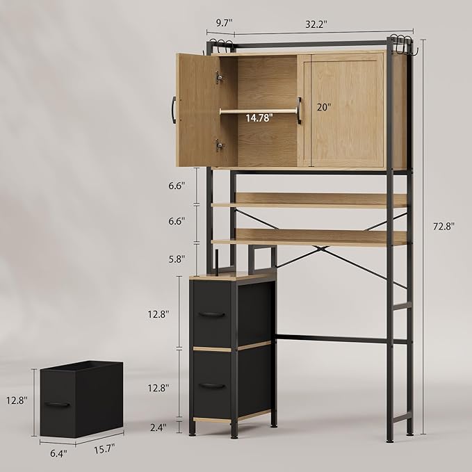 Over the Toilet Storage Cabinet with Doors, 2 Large Drawers & 6 Hooks, Over the Toilet Organizer with Toilet Paper Holder, Over the Toilet Storage for Bathroom, Laundry Room, Natural