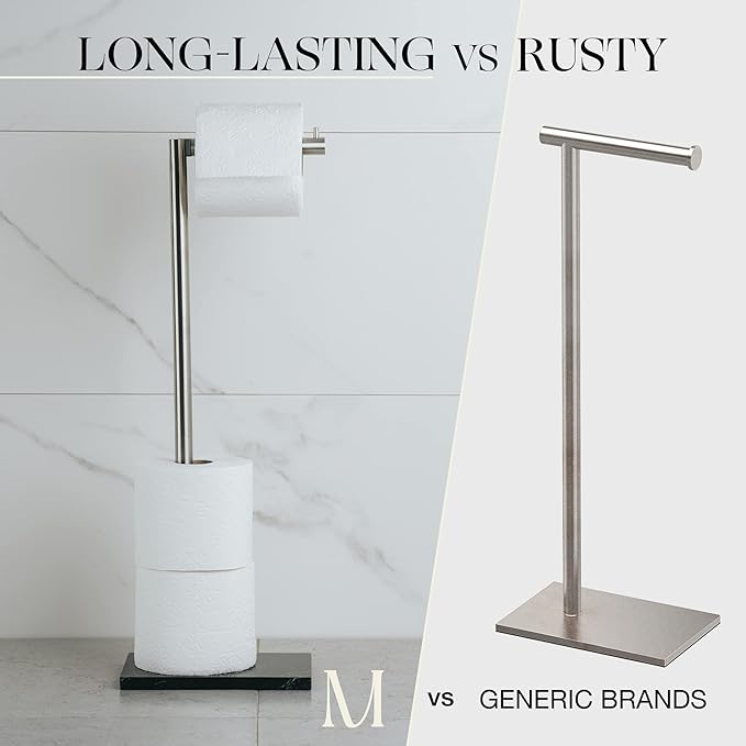 MARMOLUX ACC Free Standing Brushed Nickel Toilet Paper Holder Stand - 4 Jumbo Roll Bathroom Hardware - Standing Toilet Paper Holder - Stainless Steel Toilet Paper Stand - Brushed Steel/Black Marble