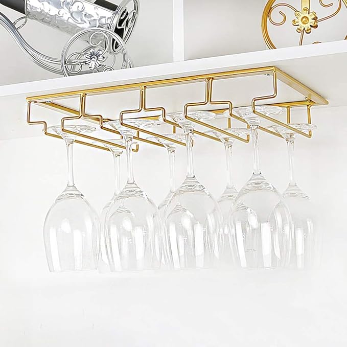 Wine Glass Rack - Under Cabinet Stemware Wine Glass Holder Glasses Storage Hanger 2 Pack Metal Organizer for Bar Kitchen Gold