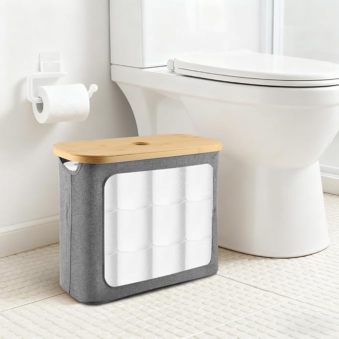 Toilet Paper Storage Holder with Lid, Freestanding Toilet Paper Basket Stand for 9 to 12 Rolls, Bathroom Storage Organizer with Bamboo Lid(Grey)