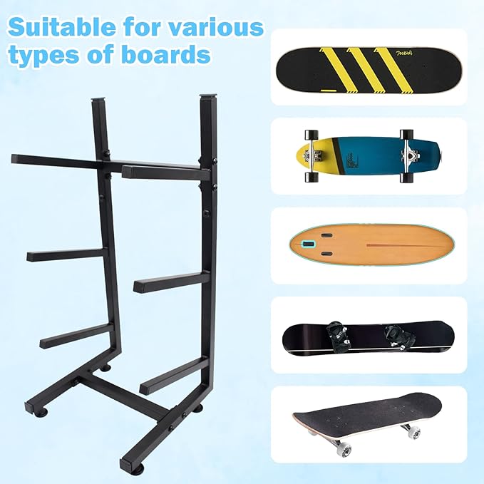 Steel Skateboard Rack Floor Stand, 3-Layer Skateboard Holder,Snowboard Storage Rack, Skateboard Holder Floor for Deck,Longboard,Snowboard, Standard Skateboards, Mini Cruiser Skateboard