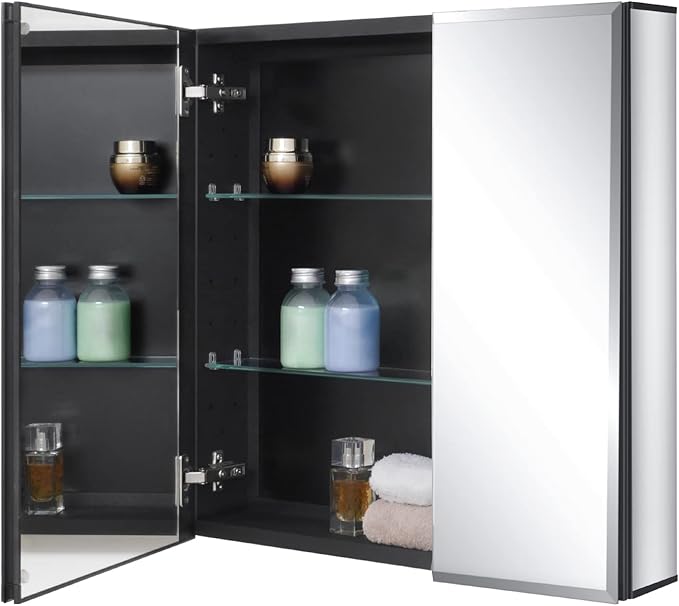 Fundin Black Aluminum Medicine Cabinet 24 x 24 Inch Recessed or Surface Mount, with Double Door and Adjustable Shelves.