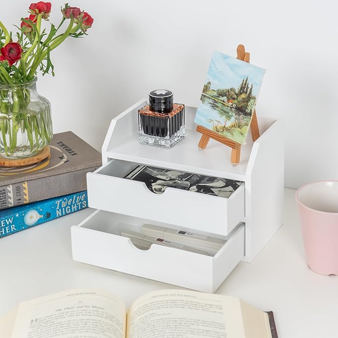 ROSE BLOOM White Wood Desk Organizer with 2 Drawer, Mini Cute Cabinet with Storage Shelf for Tabletop, Small Desktop Box Organizer for Cosmetic Office Supplies