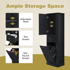 Tall Laundry Cabinet with Tilt Out Hamper, Wood Bathroom Storage Cabinet with Door,Drawer and Adjustable Shelves Freestanding (Black)