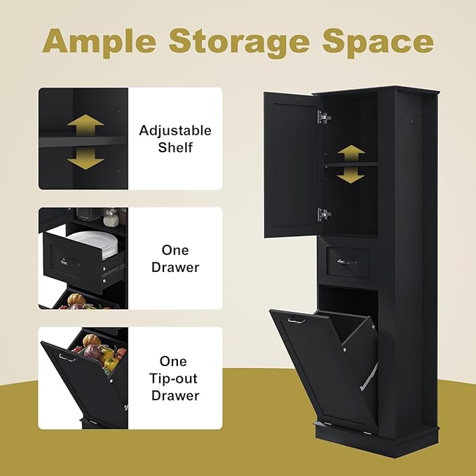 Tall Laundry Cabinet with Tilt Out Hamper, Wood Bathroom Storage Cabinet with Door,Drawer and Adjustable Shelves Freestanding (Black)