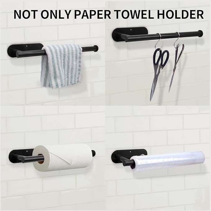 YeeBeny Black Paper Towel Holder Kitchen Roll Holder, Paper Towel Holder - Self Adhesive or Drilling, Under Cabinet Paper Towel Rack, Wall Mounted Paper Towel(Black)