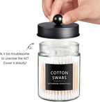 SheeChung 3-Pack Glass Apothecary Jars with Acrylic Vanity Tray - Bathroom Organizer Set for Qtip, Cotton Ball, Floss Picks - Modern Industrial Style Bathroom Accessories Storage Canister (Black)