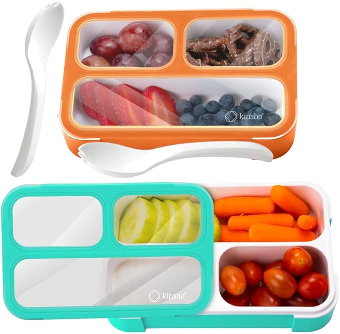 Small Snack Containers for Kids Toddlers - 3 Compartments (Set of 2) - Leak-proof Reusable Snack Boxes with Lids - BPA-Free Mini Bento Lunch Box - Ideal for School,Holds 2 Cups (Teal Blue + Orange)