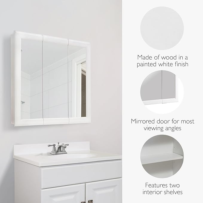 Design House Wyndham, 30 in W x 4.5 in D x 24 in H Bathroom Medicine Cabinet, Wall Mounted, 3 Mirror Doors, White, 535864-WHT