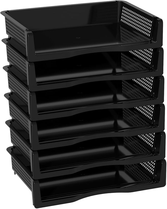 6 Pack Office Stackable Letter Tray, Plastic Stackable Paper Storage Basket Tray, Black