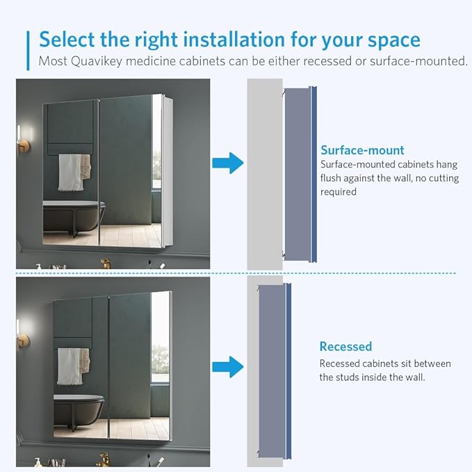 Quavikey Medicine Cabinet with Mirror for Bathroom 2 Doors Aluminum Surface Mount or Recessed Mirror Medicine Cabinet 24x26 Inch, Silver