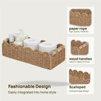 Scalloped Edge Bathroom Counter Organizer Basket with Wooden Handles, Khaki Paper Rope Toilet Tank Top Basket, Toilet Paper Storage Basket for Vanity, Shelves – 14" x 6.3" x 3.9"