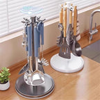Rotatable Hanging Organizer with 8 Hooks for Kitchen Utensils, 360 Degree Swivel Countertop Holder for Cooking Tool Storage (White)