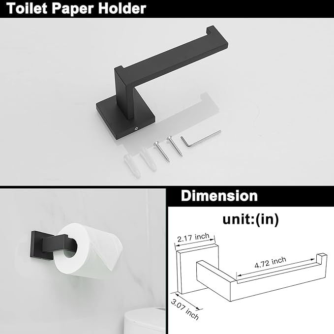 BWE 5 Pieces Matte Black Bathroom Hardware Set SUS304 Stainless Steel Include 21.9" Towel Bar,Hand Towel Holder,Toilet Paper Holder and 2 Robe Hook Square Bathroom Accessories Set Wall Mounted