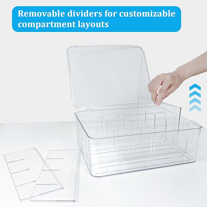 2 PCS Sock Underwear Organizer Clear Storage Containers 16 Cell Adjustable Dividers Plastic Drawer Organizer Box with Lids for Ties Bra Scarf (11.8×9.4×3.9")