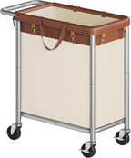 SONGMICS Laundry Basket with Wheels, 2-Section Rolling Laundry Hamper, 37 Gallons (140 L), Removable Liner, Steel Frame with Handle, 27.2 x 15.4 x 31.9 Inches, Coffee Brown and Cream White URLS004KQ02