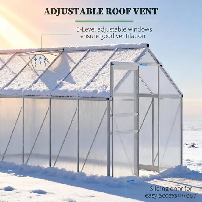 Aluminum Greenhouse with Polycarbonate Panels, Walk-in Garden Greenhouse for Outdoor Plant Growing, Durable Structure for Year-Round Gardening (Silver + Aluminum-4)