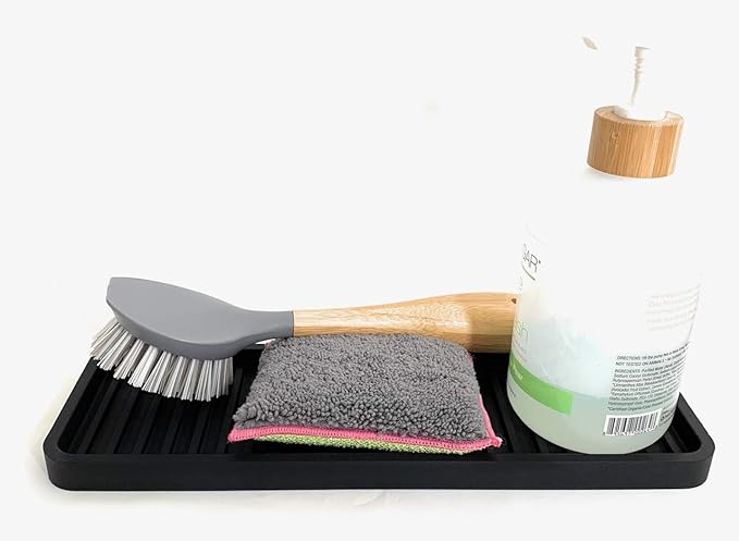Happitasa Silicone Kitchen Sink Organizer Tray, Sponge Holder and Countertop Protector | Bathroom and Kitchen Soap Dish and Dispenser Tray (Black, 12"x4")