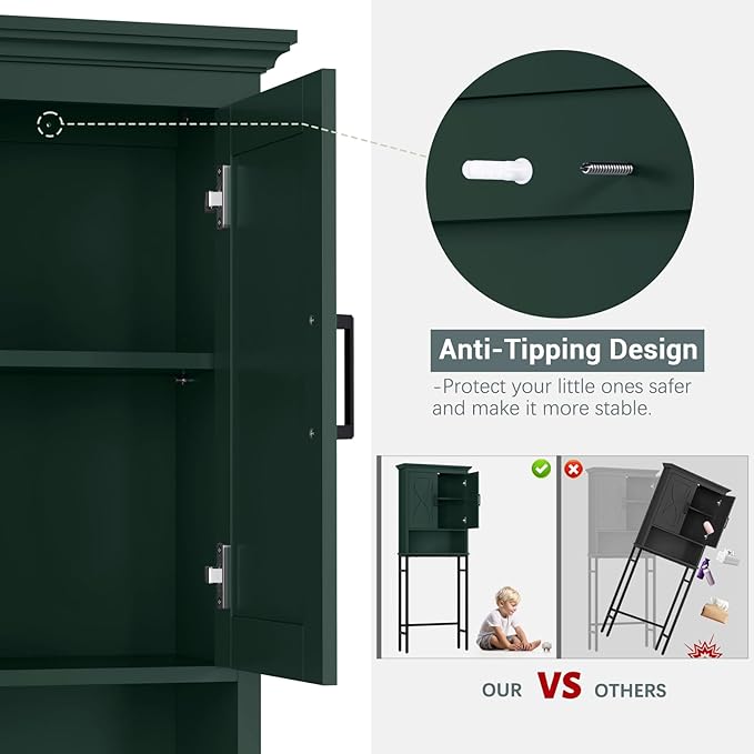 Over The Toilet Storage Cabinet, Over Toilet Storage, Above The Toilet Cabinet with Inner Adjustable Shelf and Open Storage, Forest Green