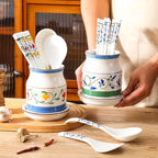 WAIT FLY Flower Pattern Porcelain Kitchen Utensil Holder with Bottom Flatware Storage Organizer Utensil Crock for Countertop Kitchen Counter Decor-Green