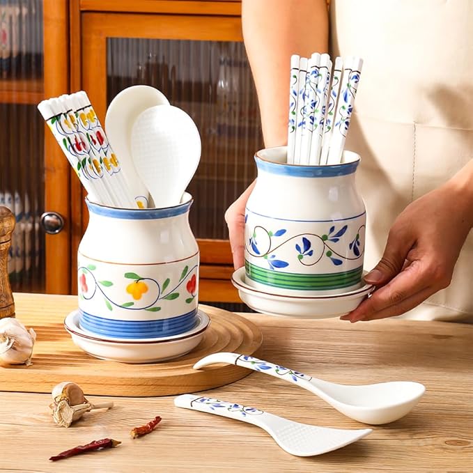 WAIT FLY Flower Pattern Porcelain Kitchen Utensil Holder with Bottom Flatware Storage Organizer Utensil Crock for Countertop Kitchen Counter Decor-Green