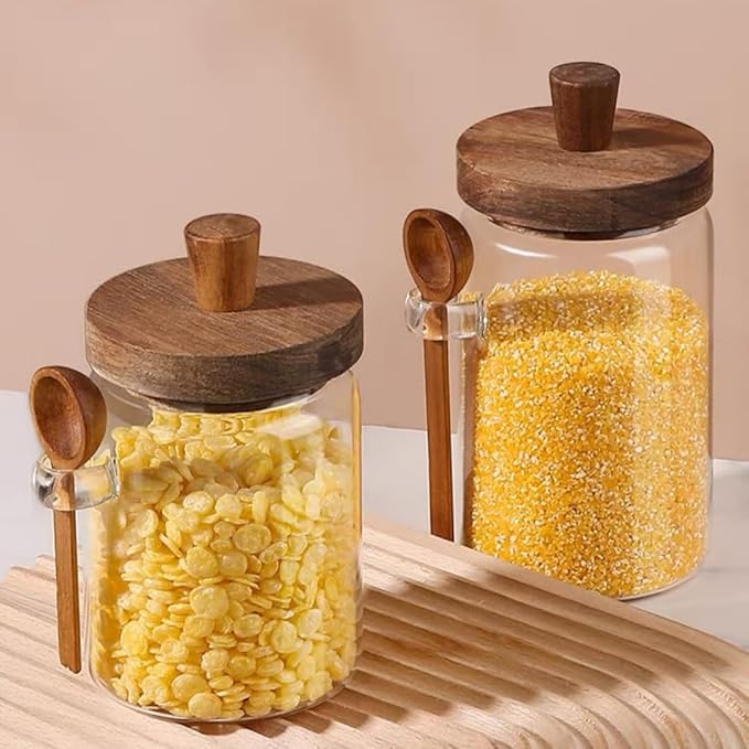 ANSQU Glass Jar with Wooden Lid and Spoon, 20.3oz Food Storage Containers Coffee Jar Coffee Grounds Container, Glass Food Storage Canister (1 Pack)