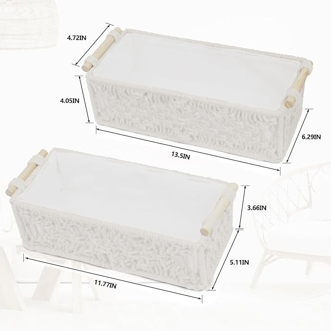 Macrame Storage Baskets Boho，Toilet Paper Basket with Wood Handles，Handmade Woven Decorative Countertop Toilet Tank Shelf Cabinet Organizer for Bedroom Livingroom Home, Set of 2, Ivory
