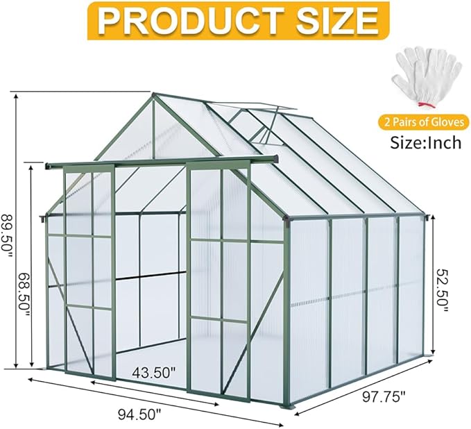 Double Sliding Door Polycarbonate Greenhouse with Rain Gutter and Roof Vent, Raised Base and Anchor Aluminum Heavy Duty Walk-in Green House, Outdoor Patio Sunroom (Green, 97.75*94.5*89.5in)