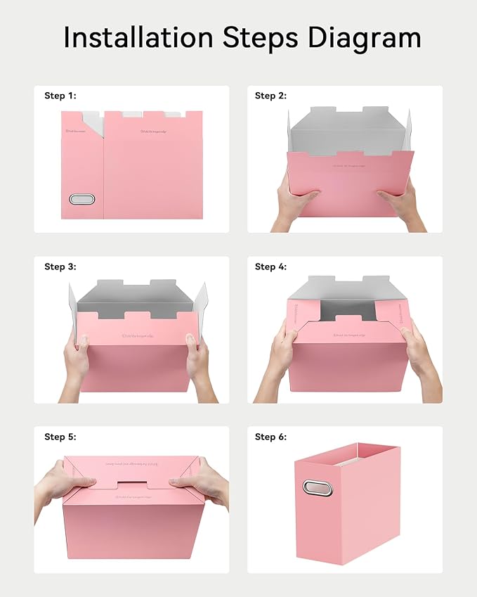 Oterri File Organizer Box, Portable Collapsible Cardboard File Folder Organizer with Handle for Letter Size Hanging Files, Document Storage Box for Home Office & Classroom (4 Packs, Pink)
