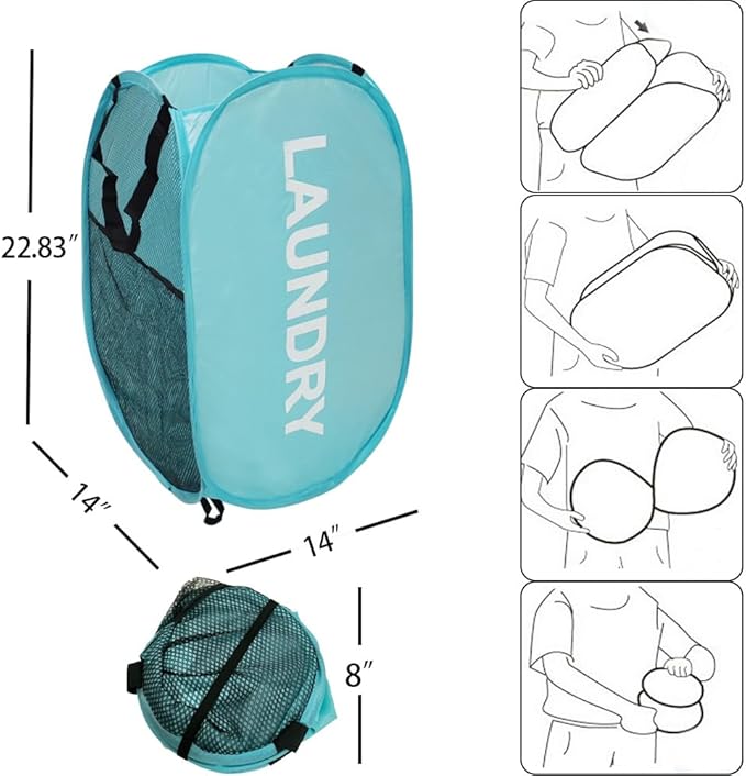 Mesh Popup Laundry Hampers, Collapsible Laundry Baskets, 2 Pack Dirty Clothes Hampers for Home, Bathroom, College Dorm, RV Cruise, Travel (Gray + Blue)