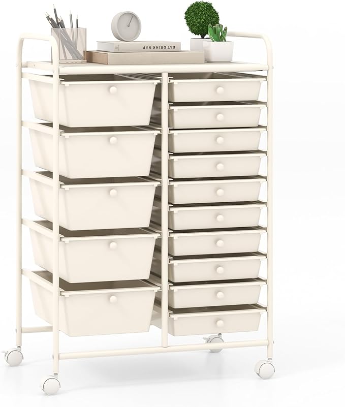 Giantex 15 Drawers Rolling Cart, Classroom Organizers, Storage Cart with Wheels, for Teacher Office Home School Supplies Tool Craft Art Paper