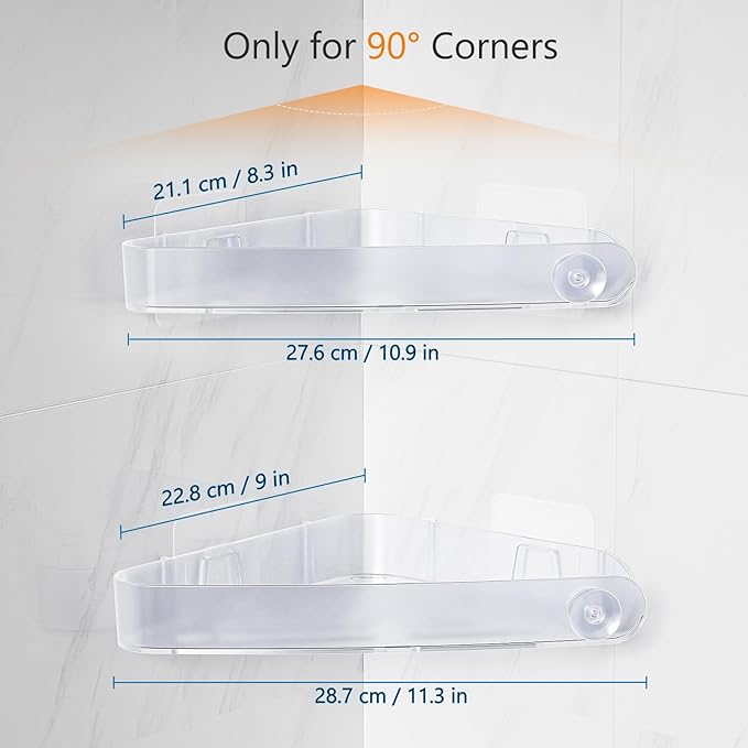 Sotfamily Plastic Shower Caddy Corner (for 90° Only), 2 Pack Adhesive Corner Shower Shelves for Bathroom Organizers and Storage, Crystal