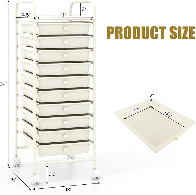 GOFLAME 10-Drawer Rolling Storage Drawer Cart, Utility Cart with Removable Drawers & Metal Frame, Mobile Art Craft Drawer Cart with Lockable Wheels for Home, Office, Studio, School, White